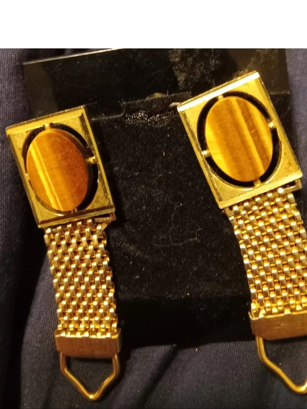 Gold-Tone Tiger's Eye Mesh-Link Men's Cufflinks Vintage 1970s